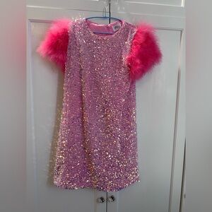 Lola + The Boys Pink Sequin Dress with Feather Accents